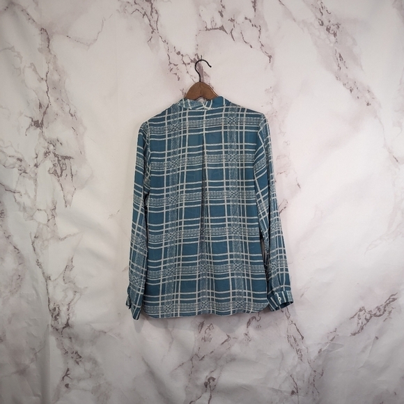 CAbi Blouse Blue Medium 3068 Windowpane Plaid Surplice Faux Wrap Top Long Sleeve - Picture 6 of 11